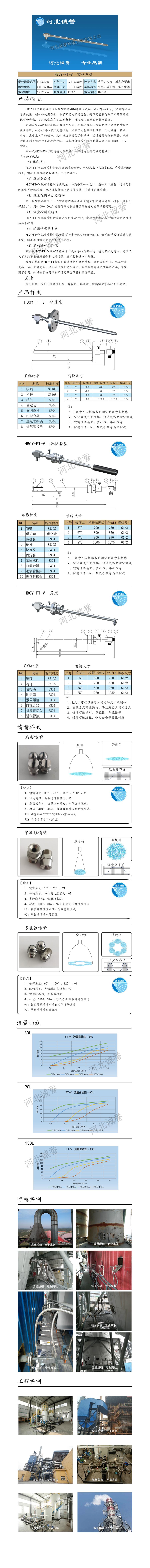 FT-V脫硝噴槍保護套、噴槍參數(shù)、材質(zhì)尺寸、流量分布圖、扇形空心錐俯視圖介紹，以及噴槍霧化視頻展示和工程案例介紹