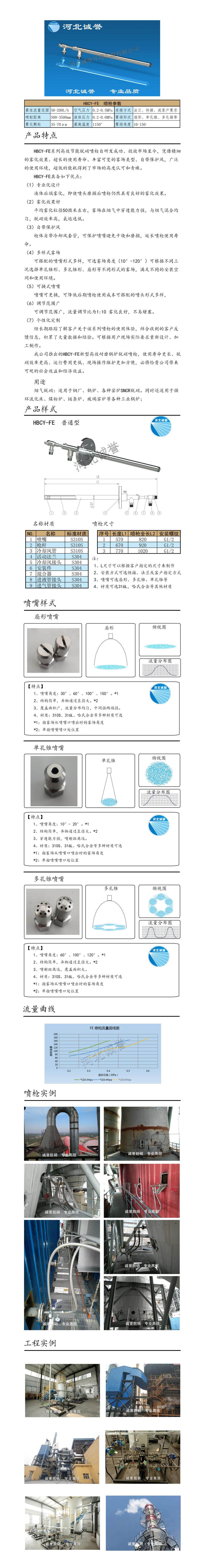 氨水噴槍、保護(hù)套、噴槍參數(shù)、材質(zhì)尺寸、流量分布圖、扇形空心錐俯視圖介紹，以及噴槍霧化視頻展示和工程案例介紹