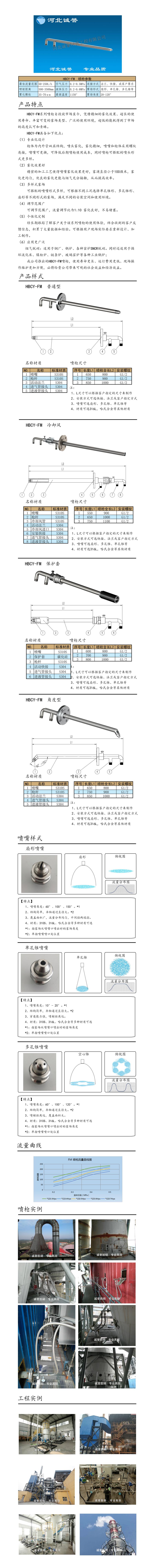 氨水噴槍、保護(hù)套、噴槍參數(shù)、材質(zhì)尺寸、流量分布圖、扇形空心錐俯視圖介紹，以及噴槍霧化視頻展示和工程案例介紹